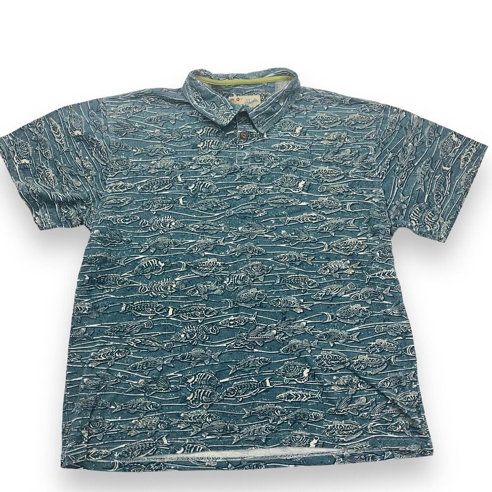 Crazy Shirts Hawaiian Polo 100% Cotton Men's XL Blue Fish Print Henley Shirt